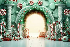 Arch made of christmas tree balls and gingerbread. Green christmas decorations. AI generated photo