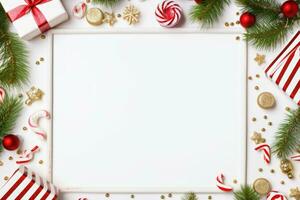 Christmas frame flat lay with pine, presents, golden elements, candy canes, confetti. AI generated photo