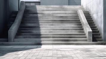 AI Generative Stairs Gray concrete staircase in the street at the entrance to the building Light and shadow Summer Day Grunge Closeup photo