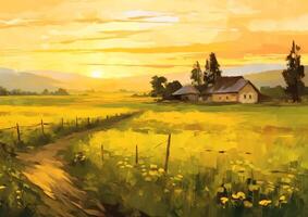 AI Generative Sunset in the village Grass in the sunset light Rural landscape background Golden twilight photo