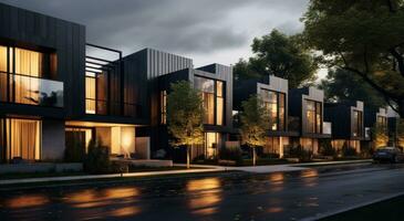 Modern condo townhouses in evening photo