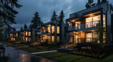 Modern condo townhouses in evening photo