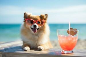 Dog with sunglasses on the beach photo