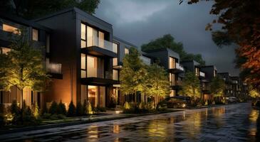 Modern condo townhouses in evening photo