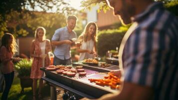 Young family is grilling at the barbecue photo