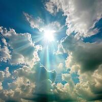 AI Generative The rays of the sun shine from behind the clouds Cloudy sky background eaven before a thunderstorm photo