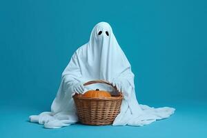 Someone wearing halloween ghost costume made with photo