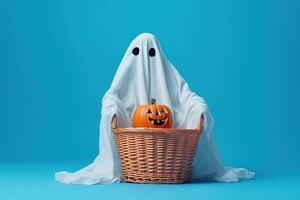 Someone wearing halloween ghost costume made with photo