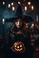 Beautiful woman wearing halloween costume with pumpkin made with photo