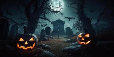 Illustration Jack o Lanterns around a spooky cemetery made with photo