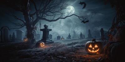 Illustration Jack o Lanterns around a spooky cemetery made with photo