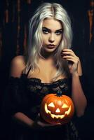 Beautiful woman wearing halloween costume with pumpkin made with photo