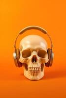 ilustración cráneo vistiendo auricular en naranja antecedentes hecho con generativo ai foto