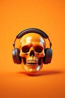 Illustration skull wearing headphone on orange background made with photo