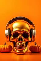 Illustration skull wearing headphone on orange background made with photo