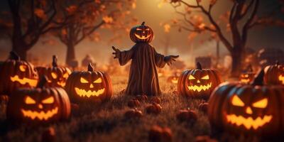 Illustsration Jack o Lanterns around a spooky cemetery made with photo