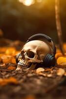 Illustration skull wearing headphone made with photo