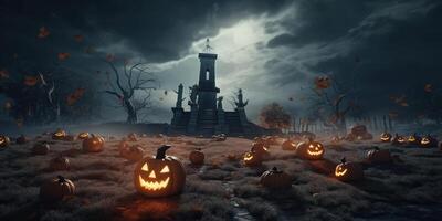 Illustration Jack o Lanterns around a spooky cemetery made with photo