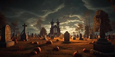 Illustration Jack o Lanterns around a spooky cemetery made with photo