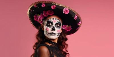 Portrait close up beautiful woman with sugar skull makeup made with photo