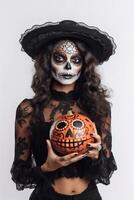 Portrait close up beautiful woman with sugar skull makeup made with photo