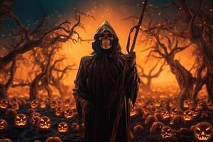 Scary grim reaper with pumpkin made with photo