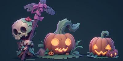 Illustration cute tombstone and pumpkin jack o lantern made with Generative AI photo