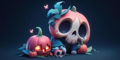 Illustration cute tombstone and pumpkin jack o lantern made with Generative AI photo