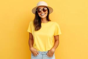 retrato hermosa mujer vistiendo Gafas de sol y sombrero sonriente confidente hecho con generativo ai foto