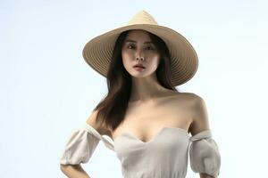 Portrait asian woman wearing straw hat made with Generative AI photo