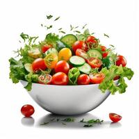 Fresh vegetable salad in green bowl and tomatoes isolated on white made with Generative AI photo