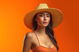 Portrait asian woman wearing straw hat made with photo