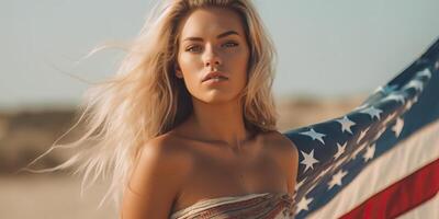 realistic photography of Happy woman standing with flag made with photo