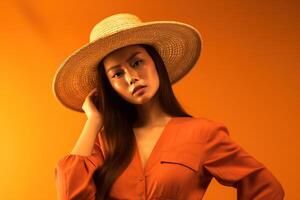 Portrait beautiful woman wearing straw hat made with Generative AI photo