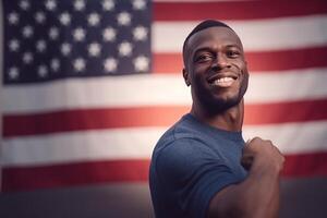 Portrait happy man standing with flag made with Generative AI photo