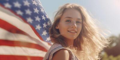 realistic photography of Happy woman standing with flag made with Generative AI photo