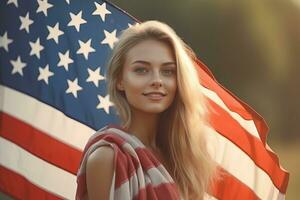 realistic photography of Happy woman standing with flag made with Generative AI photo