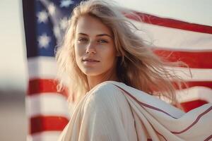 realistic photography of Happy woman standing with flag made with photo