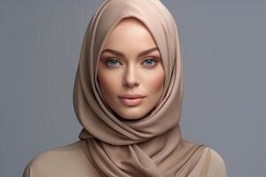 Portrait beautiful woman wearing hijab with light exposure made with Generative AI photo