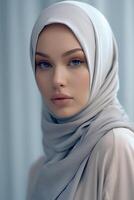 Portrait beautiful woman wearing hijab with light exposure made with Generative AI photo