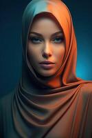 Portrait beautiful woman wearing hijab with light exposure made with Generative AI photo