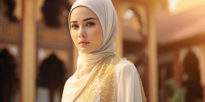 Portrait beautiful woman wearing hijab with light exposure made with photo
