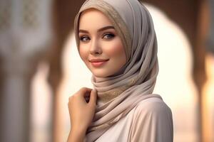 Portrait beautiful woman wearing hijab with light exposure made with Generative AI photo