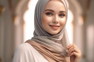 Portrait beautiful woman wearing hijab with light exposure made with Generative AI photo