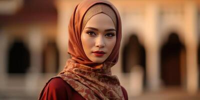 Portrait beautiful woman wearing hijab with light exposure made with Generative AI photo