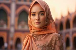 retrato hermosa mujer vistiendo hijab con ligero exposición hecho con generativo ai foto