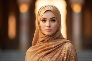 Portrait beautiful woman wearing hijab with light exposure made with Generative AI photo