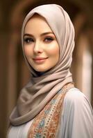 Portrait beautiful woman wearing hijab with light exposure made with Generative AI photo