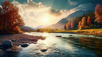 retrato hermosa amanecer terminado el lago con montaña hecho con generativo ai foto