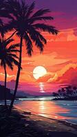 Illustration evening on the beach with palm trees background made with photo